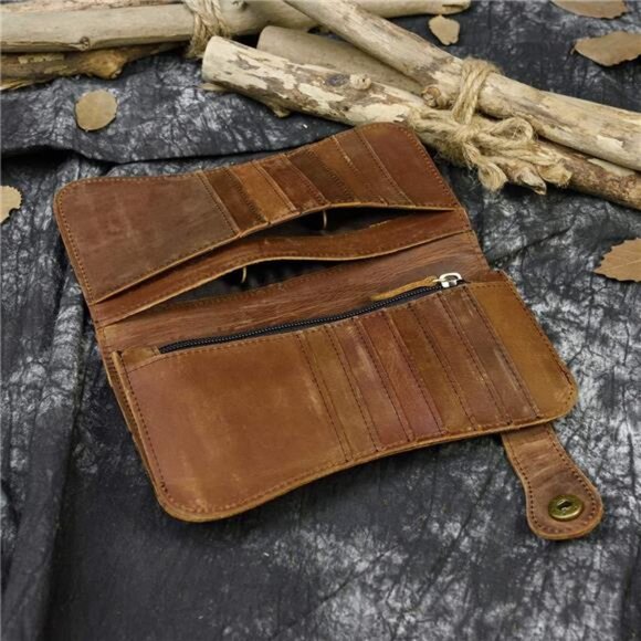 Men's Genuine Leather Long Wallet Chain Wallet Card holder Wallet with Coin - Picture 5 of 16